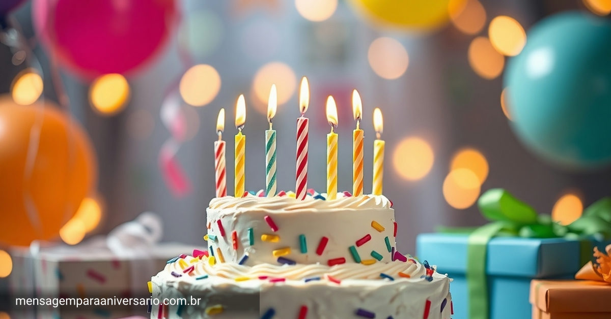 Ambiente festivo de aniversário com um bolo vibrante, velas, balões, confete e presentes, iluminado por luzes bokeh.