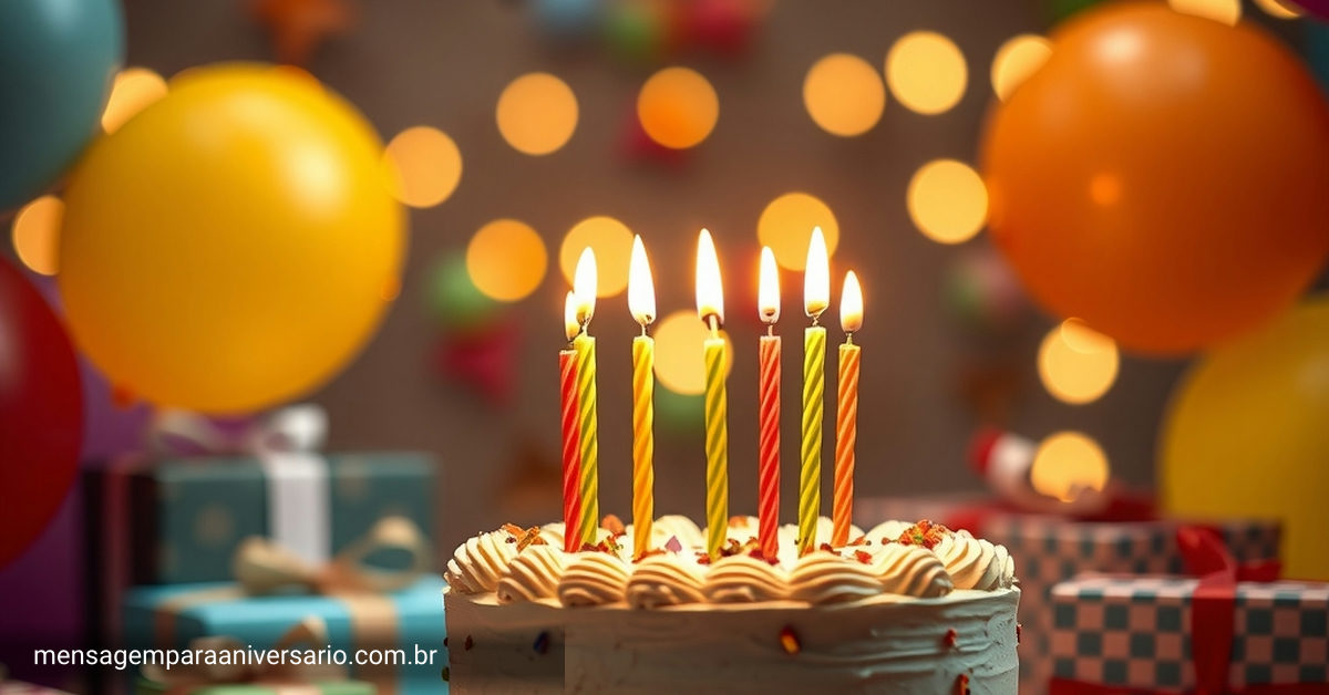 Cenário festivo de aniversário com bolo, velas, balões e confetes.