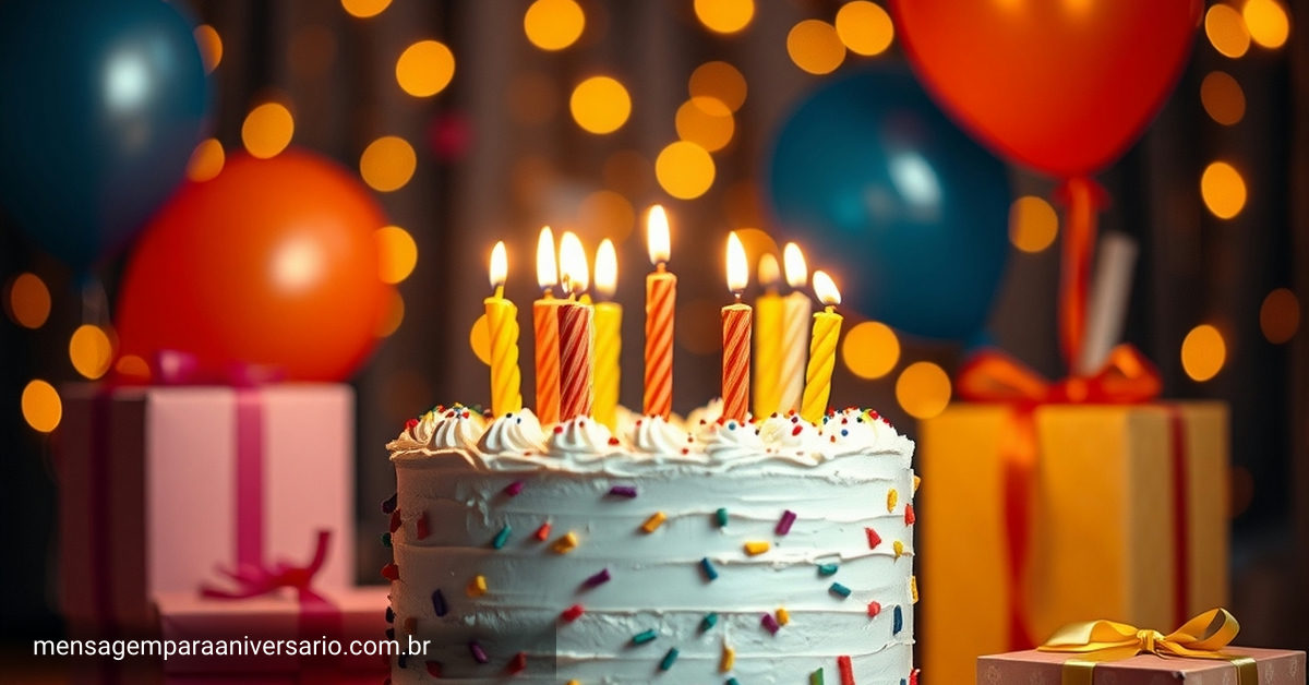 Uma cena festiva de aniversário com bolo, balões coloridos, confetes e luzes brilhantes.