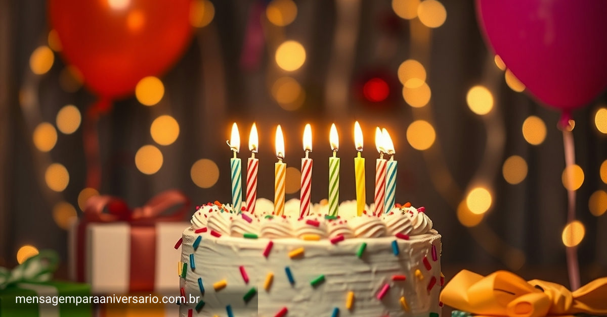 Uma cena festiva de aniversário com bolo colorido, velas, balões, confete e luzes pisca-pisca.