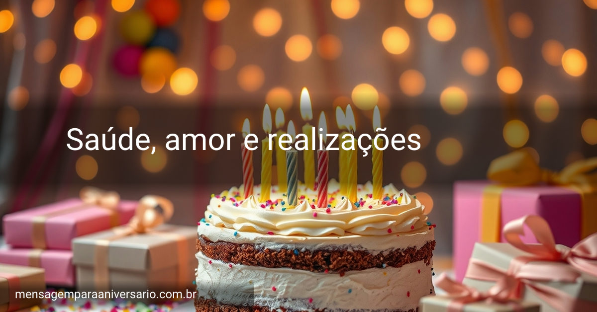 Cena festiva de aniversário com um bolo decorado, velas acesas, balões vibrantes, confete espalhado, muitos presentes e luzes bokeh brilhantes.