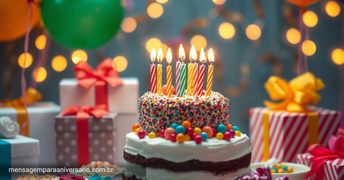 mesa festiva de aniversário com doces coloridos, bolo, balões e confete.