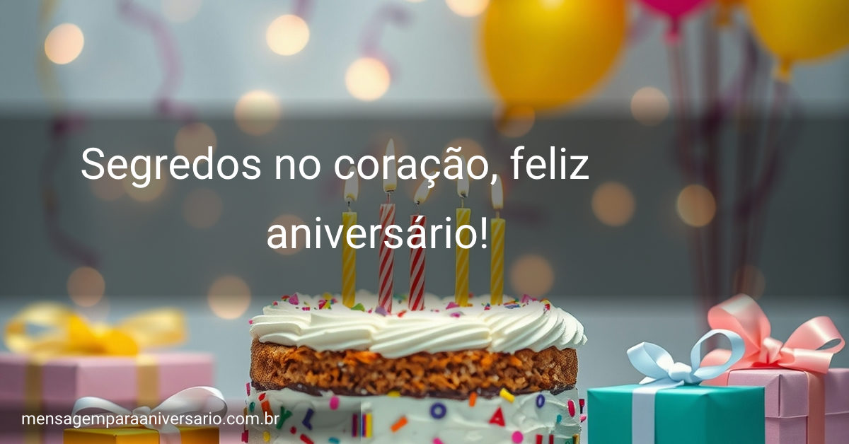 Uma cena vibrante de aniversário com um bolo decorado, velas acesas, presentes e balões coloridos.