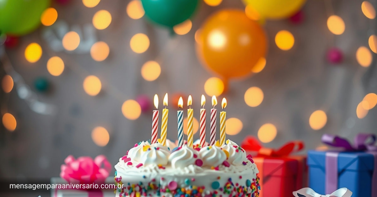 mesa festiva de aniversário com bolo colorido, topos de bolo, balões e confete
