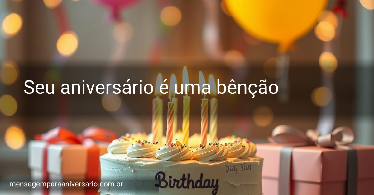 Uma cena de aniversário com bolo decorado, velas acesas, balões coloridos, confete espalhado e presentes, com luzes bokeh ao fundo.