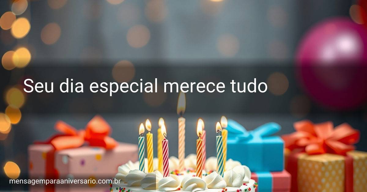 Cena festiva de aniversário com um bolo colorido, velas acesas, estrelas brilhantes e caixas de presente arrumadas.