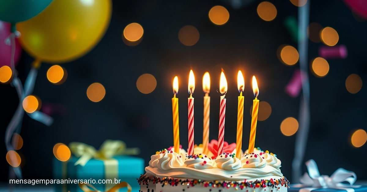Mesa de aniversário com um bolo, velas, balões coloridos, confete e presentes espalhados.