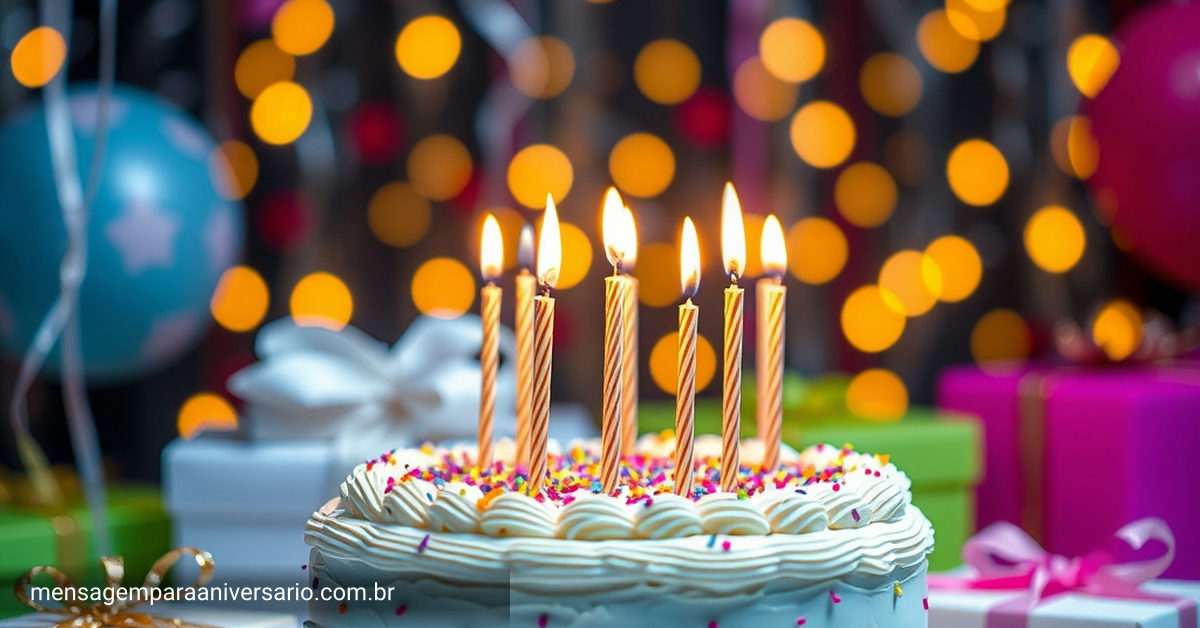 Uma cena festiva de aniversário com bolo, velas, balões, confetes e luzes bokeh.