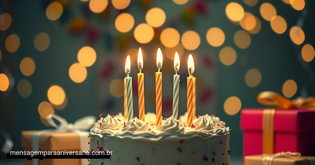 Uma mesa repleta de um bolo de aniversário, velas brilhantes, balões divertidos, confete colorido e presentes, envoltos em uma luz suave.