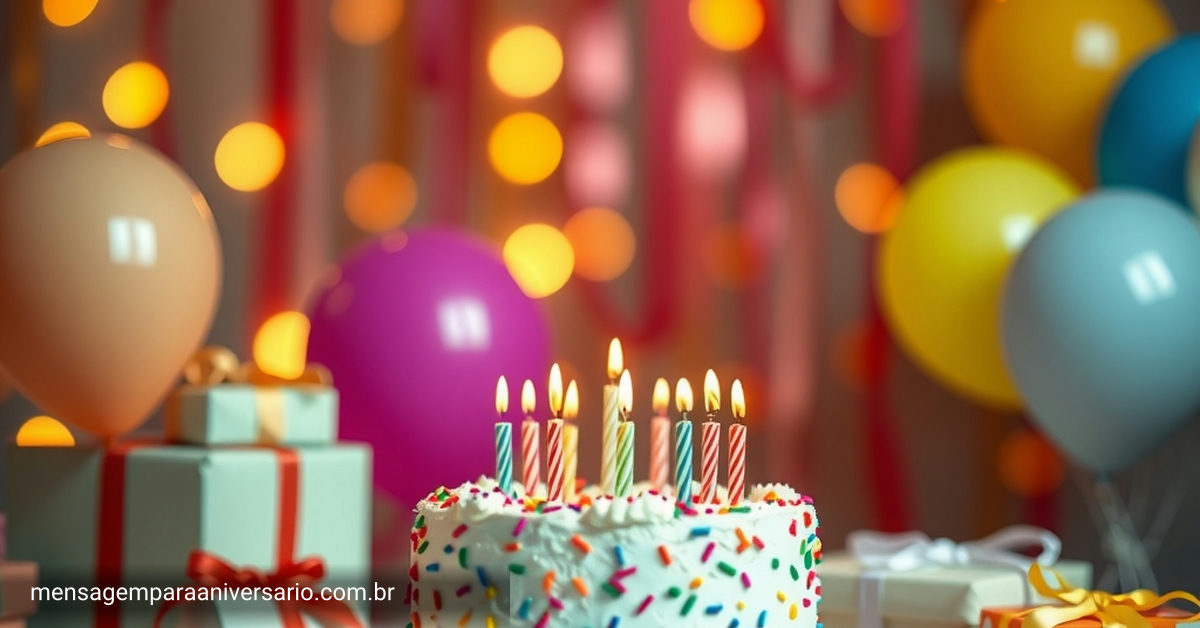 mesa de festa de aniversário colorida com bolo, balões e confetes, luzes bokeh quentes.