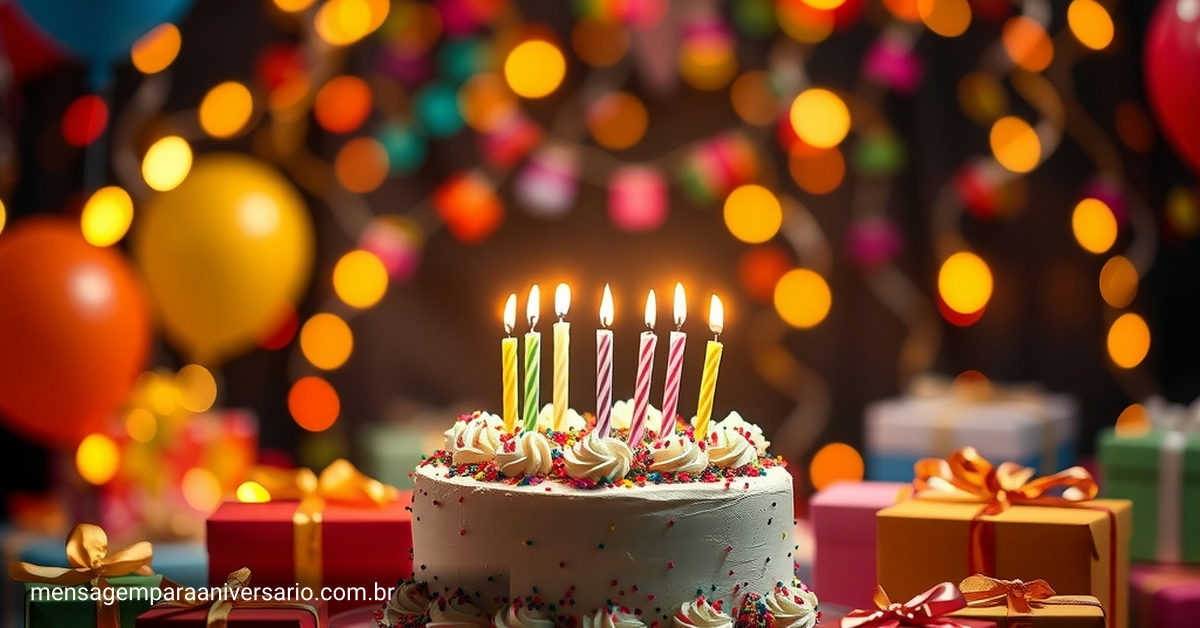 mesa de aniversário decorada com bolo, balões e confete