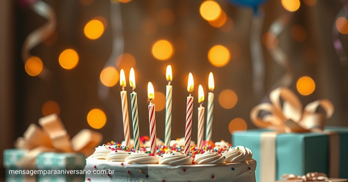 Cena festiva de aniversário com bolo, velas, balões e presentes.