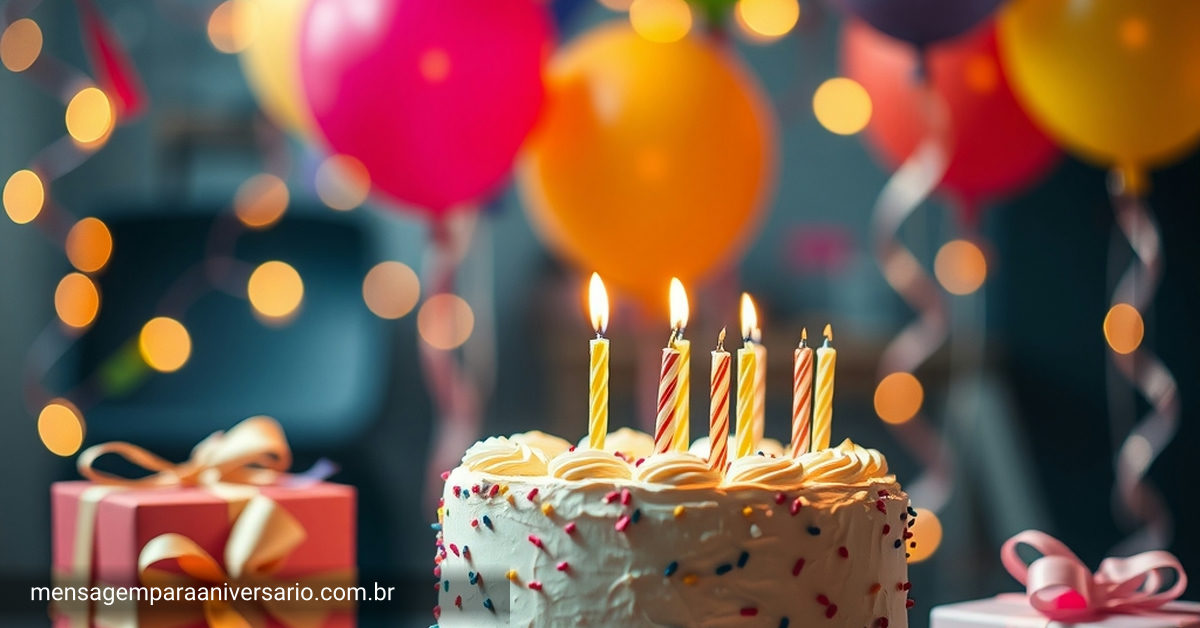 Cena festiva de aniversário com bolo, velas, balões, confete e luzes desfocadas.