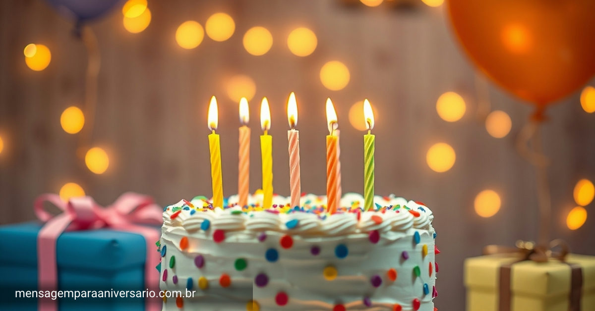 Cena festiva de aniversário com bolo colorido, velas acesas, balões, confetes e luzes pisca-pisca.