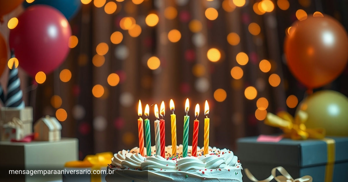 Cena festiva de aniversário com bolo decorado, balões coloridos, confete e luzes brilhantes.