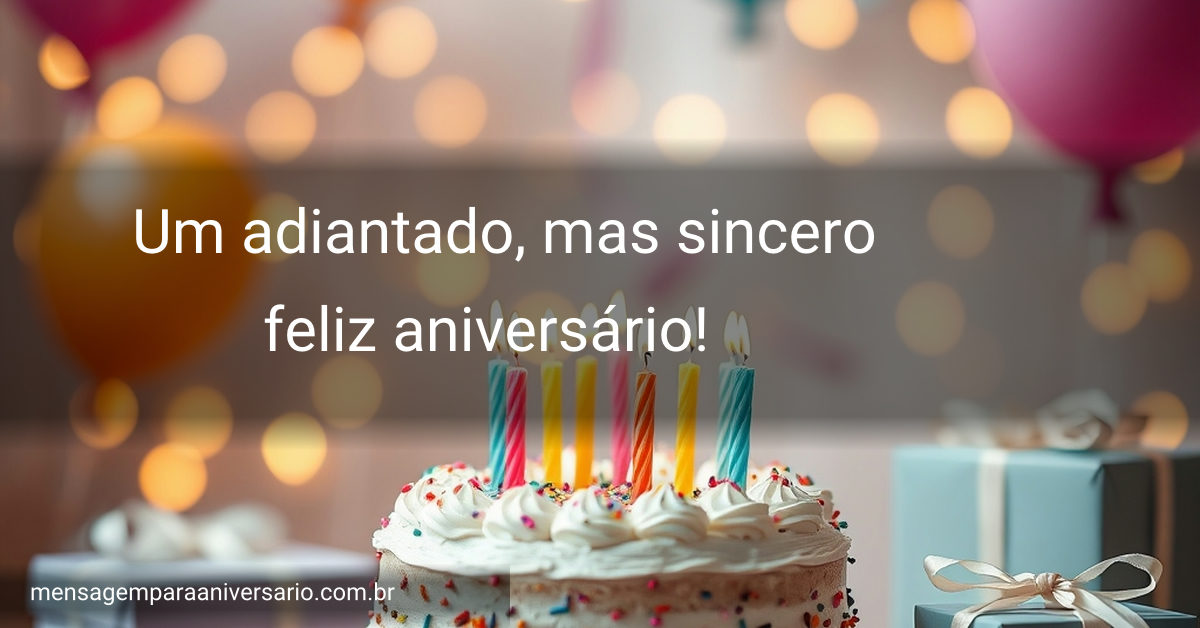 Cena festiva de aniversário com bolo, velas, balões, confete e presentes.