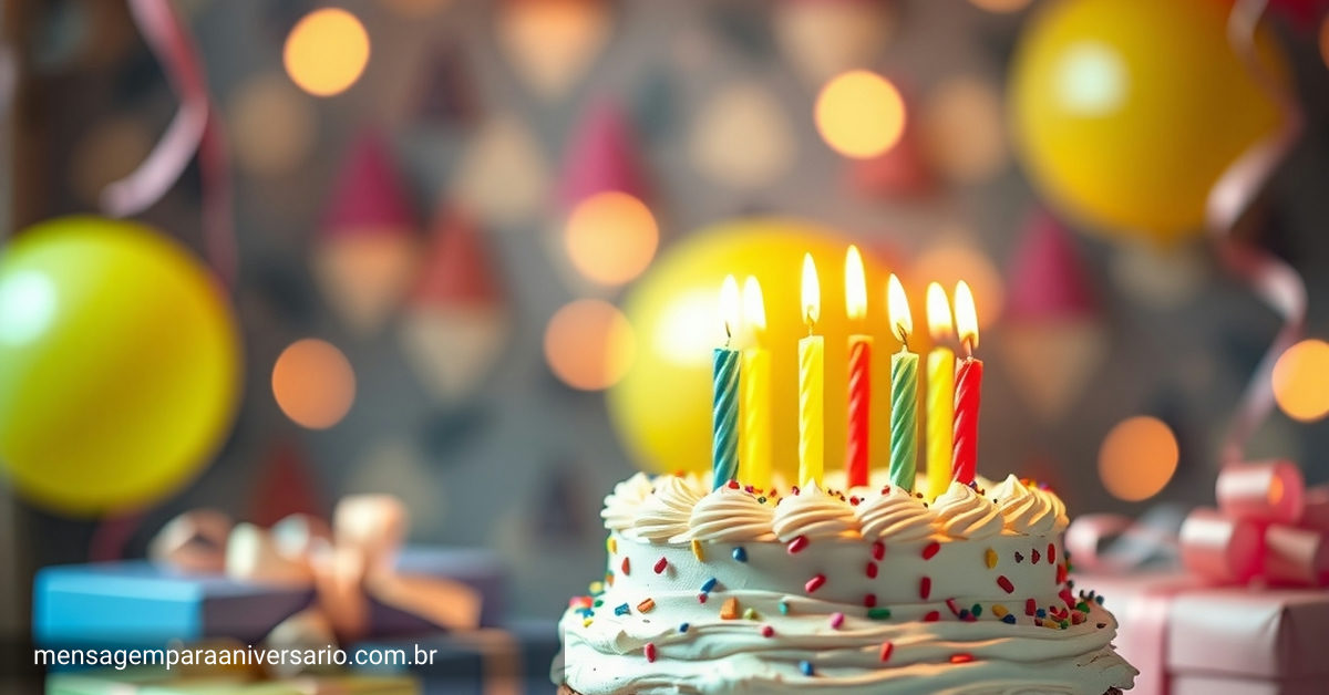 Uma cena festiva de aniversário com um bolo, velas acesas, balões variados, confetes coloridos, presentes e luzes bokeh criando um ambiente alegre.
