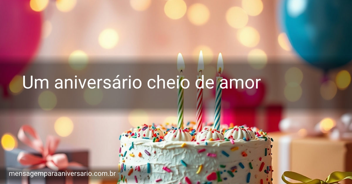 Uma cena colorida de aniversário com um bolo decorado, balões de várias cores, confete no chão e luzes brilhando ao fundo.