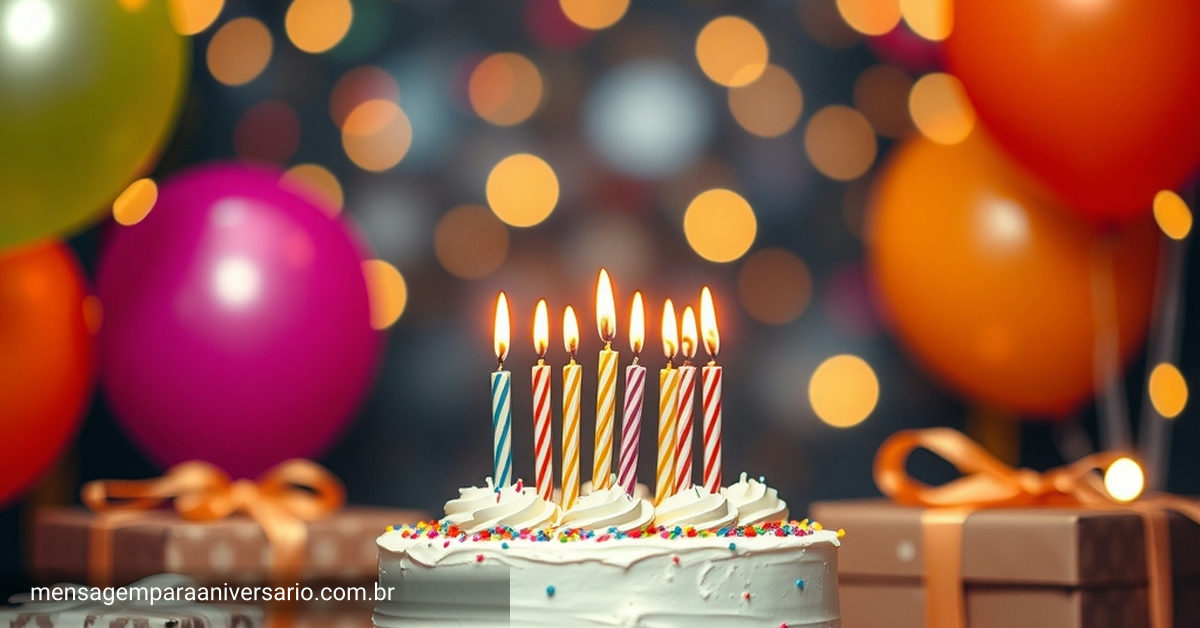 Cena festiva de aniversário com bolo, velas, balões, confetes e presentes.