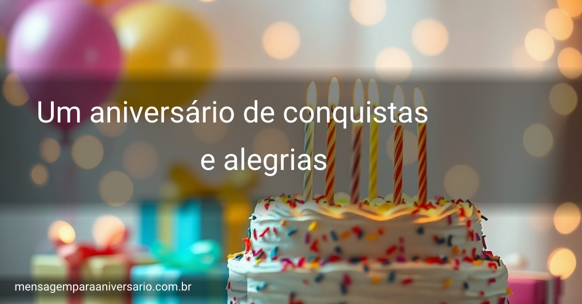 Cena de festa de aniversário com bolo, velas, balões, confetes, presentes e luzes desfocadas.