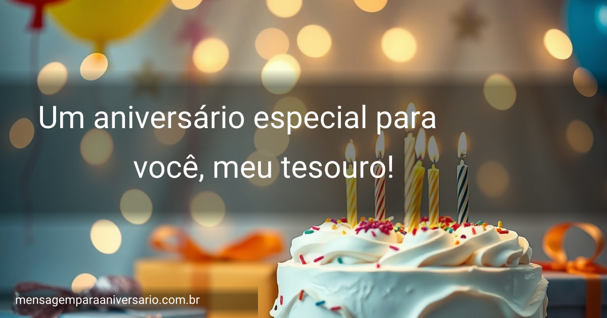 Cena festiva com um bolo bem decorado, balões coloridos, luzes brilhantes e presentes embrulhados.