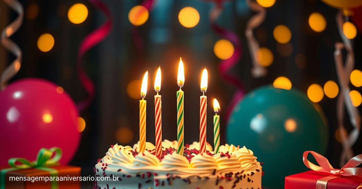 Uma cena de festa de aniversário com bolo, velas, balões e confetes.