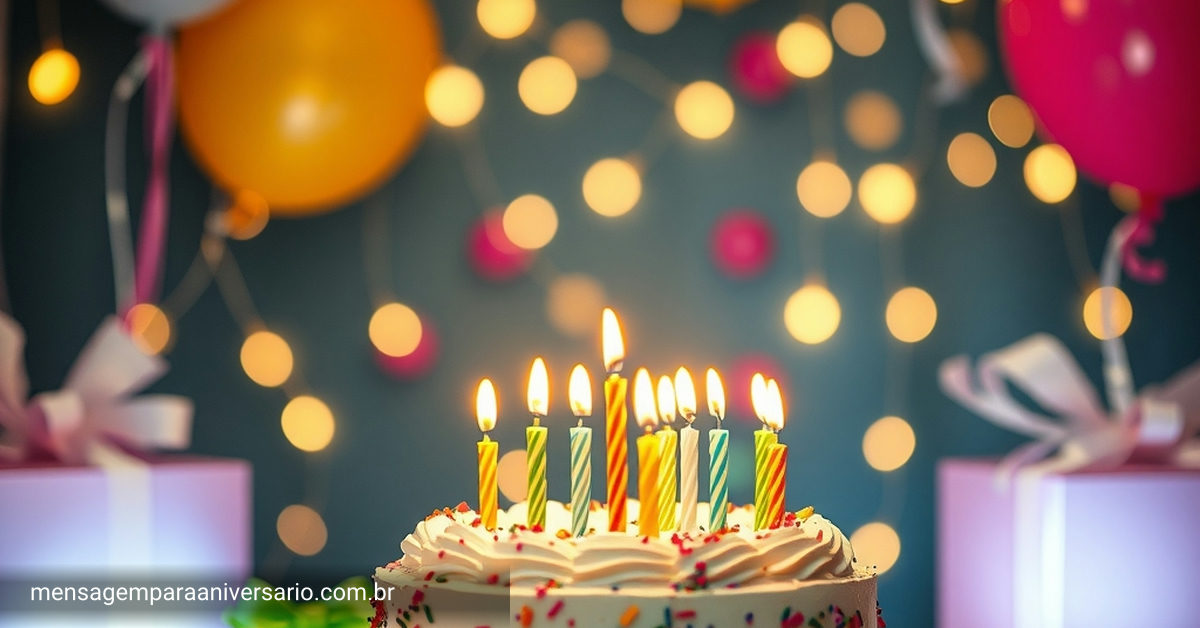 Uma cena festiva de aniversário com bolo, velas, balões, confete e luzes piscando.