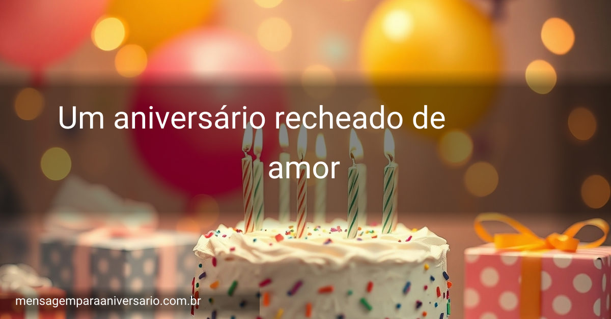 Uma cena festiva de aniversário com bolo, velas, balões, confete e luzes desfocadas.
