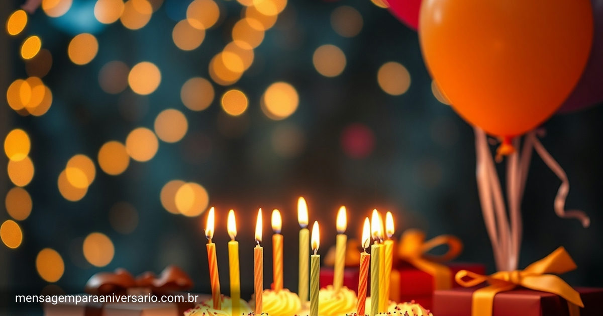 Uma cena festiva de aniversário com bolo, balões e luzes brilhantes.