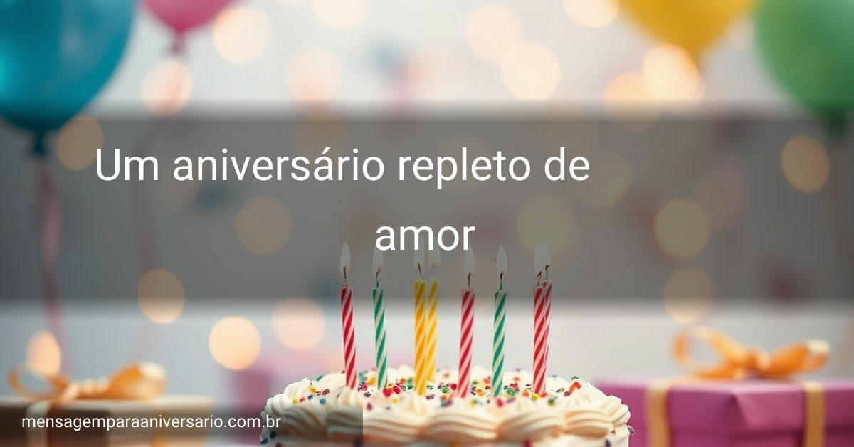 Cena festiva de aniversário com bolo, velas, balões e presentes.