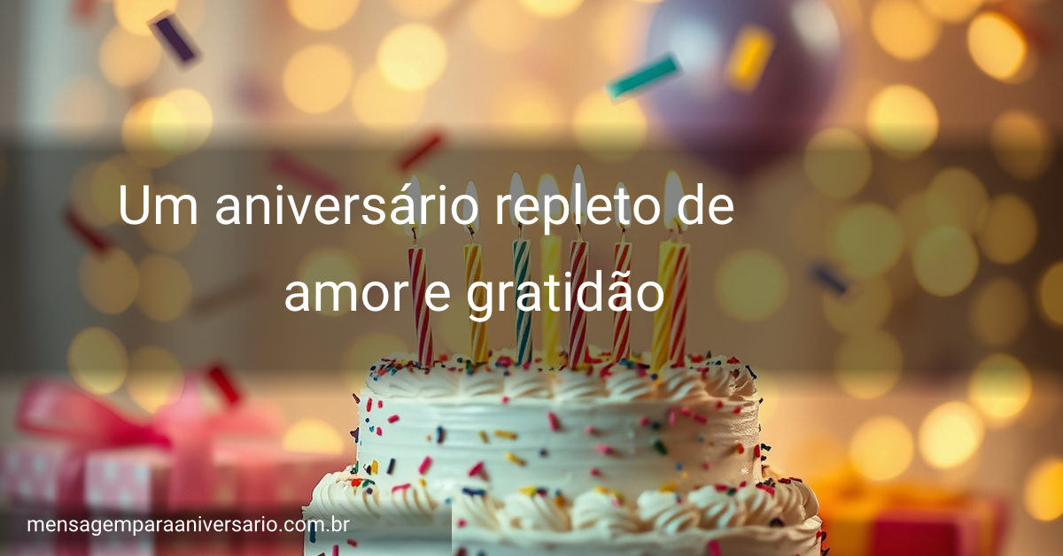 Mesa de aniversário com bolo decorado, velas acesas, balões coloridos, confete e luzes bokeh, criando um ambiente festivo.