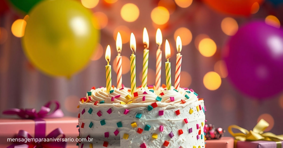 Uma cena de aniversário festiva com um bolo decorado, balões coloridos, confetes brilhantes, presentes em embalagens vibrantes e luzes suaves ao fundo.