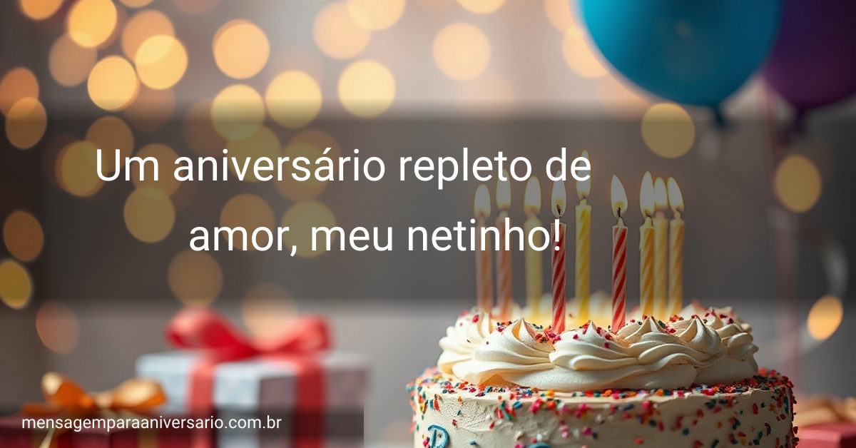 Cena festiva de aniversário decorada com bolo, velas, balões, confete, presentes e luzes bokeh.