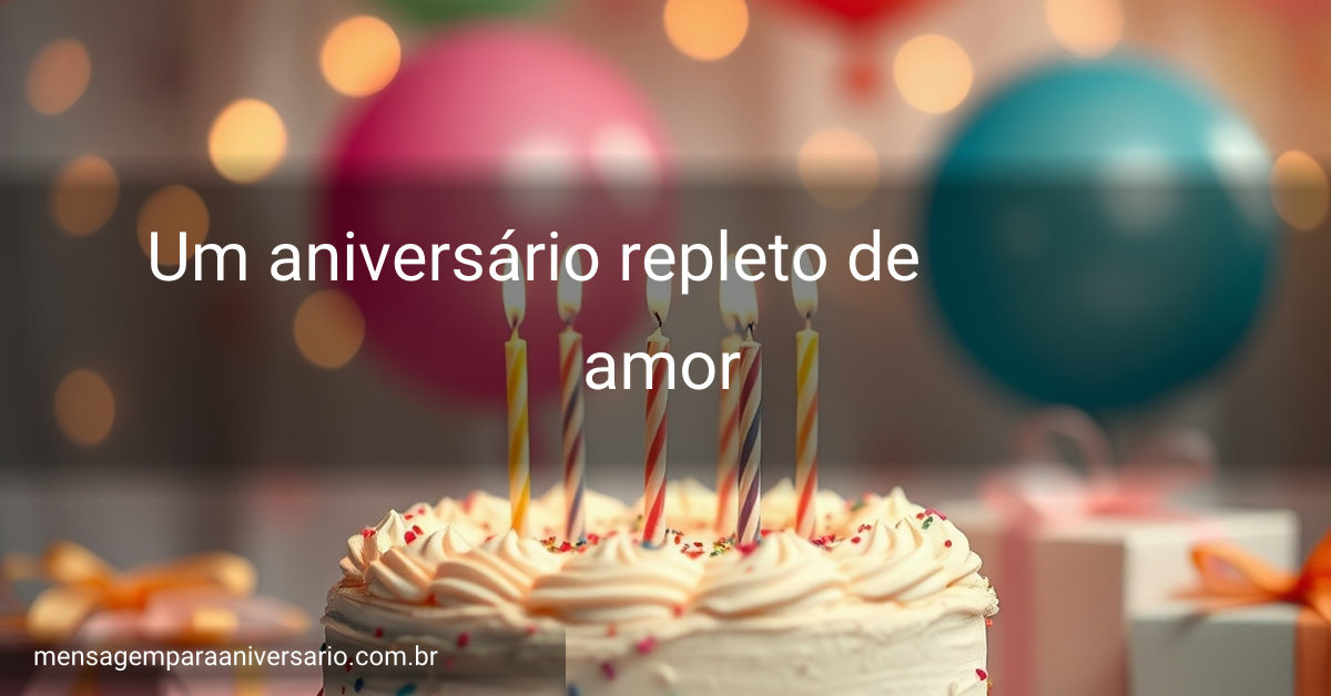 Cena festiva de aniversário com bolo decorado, velas acesas, balões coloridos, confete ao redor e presentes empilhados.