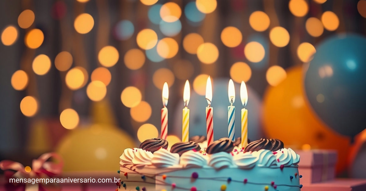 Cena de aniversário tranquila, com bolo decorado, velas e balões coloridos, além de luzes cintilantes ao fundo.