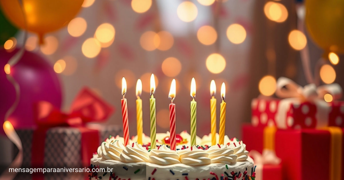 Uma cena festiva de aniversário com bolo, velas, balões, confete, presentes e luzes em bokeh.