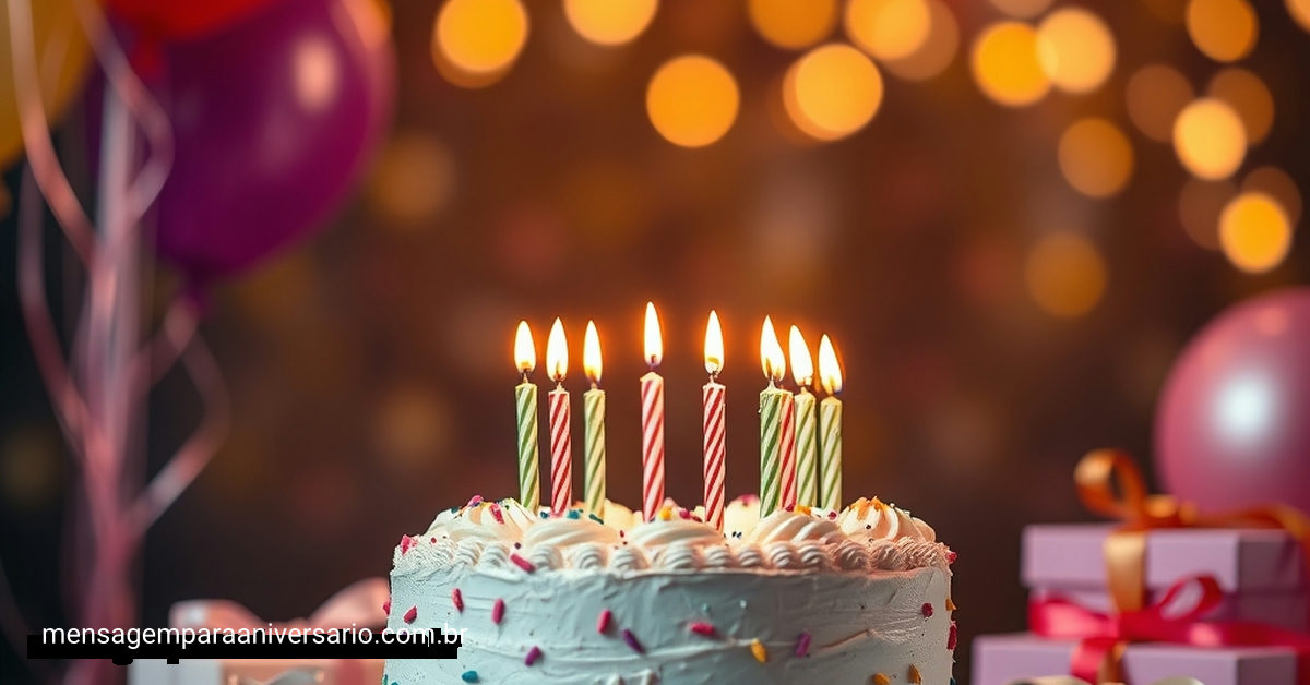 Bolo de aniversário com velas acesas, balões coloridos e confete.