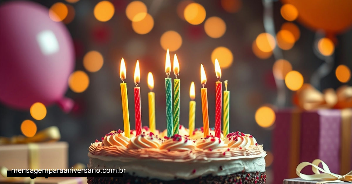 Uma mesa de aniversário com um bolo saboroso, velas, balões brilhantes, confete e presentes coloridos, tudo iluminado de forma encantadora.