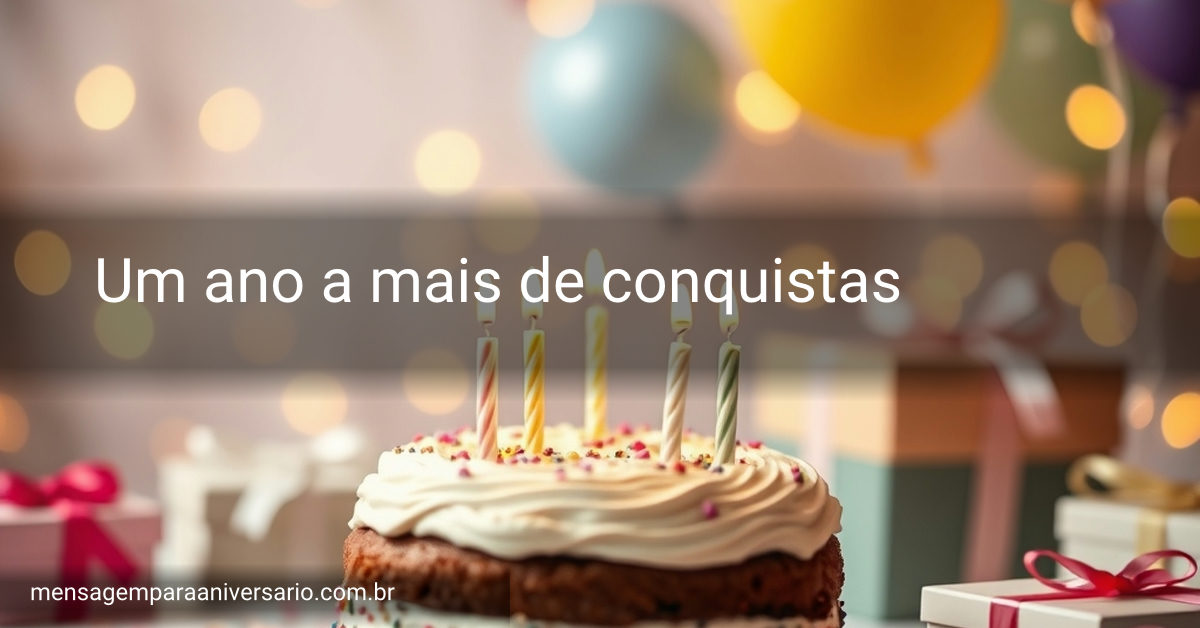 Cena festiva com bolo decorado, velas acesas, balões e confetes em um ambiente iluminado.