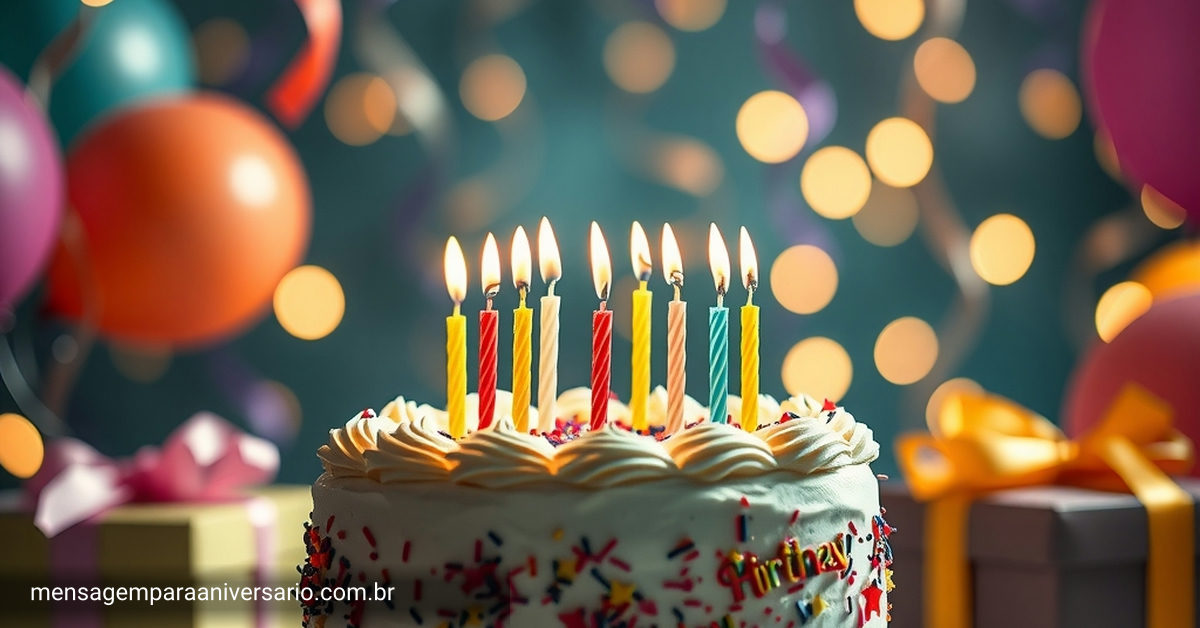 Um cenário de festa de aniversário com bolo, velas acesas, balões coloridos, confete e presentes, tudo com luzes suaves ao fundo.