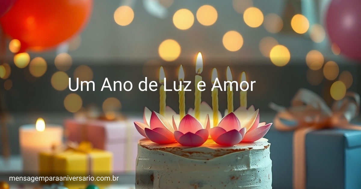 Cena festiva de aniversário com bolo decorado com flores de lótus, velas acesas em um ambiente tranquilo, acompanhado de serpentinas suaves e luzes de fada.