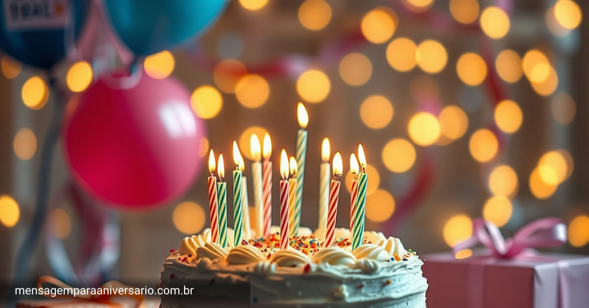 Cena festiva de aniversário com bolo, velas, balões coloridos, confete e luzes bokeh.