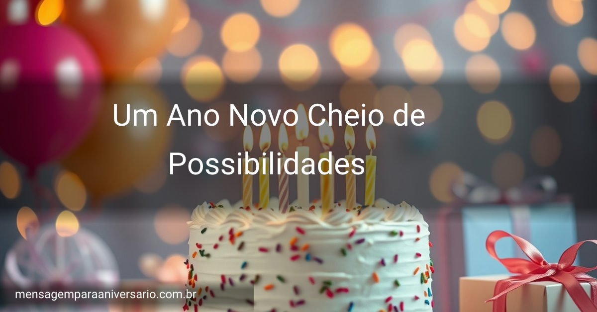 Uma mesa com um bolo de aniversário rodeado por balões, confetes brilhantes e presentes, tudo em uma atmosfera iluminada e alegre.