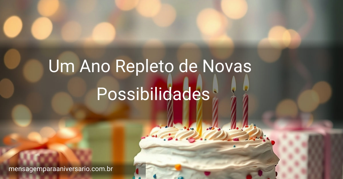 Cena de aniversário com um bolo decorado, velas acesas, balões coloridos, confete espalhado, presentes embrulhados e luzes bokeh.