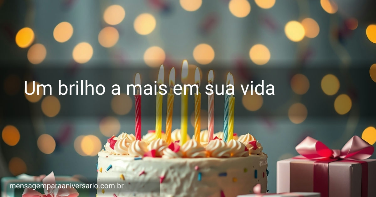 Cena festiva com bolo de aniversário, velas acesas, balões coloridos e presentes decorados.