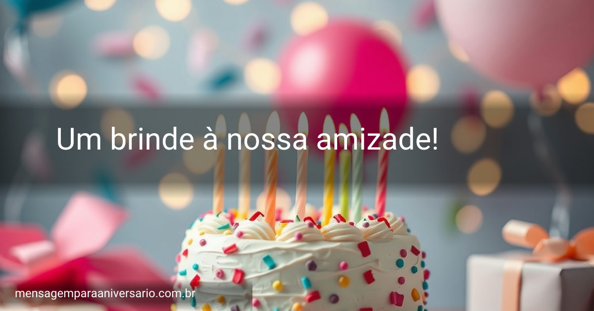 Cena festiva de aniversário com bolo, velas, balões, confete e presentes.