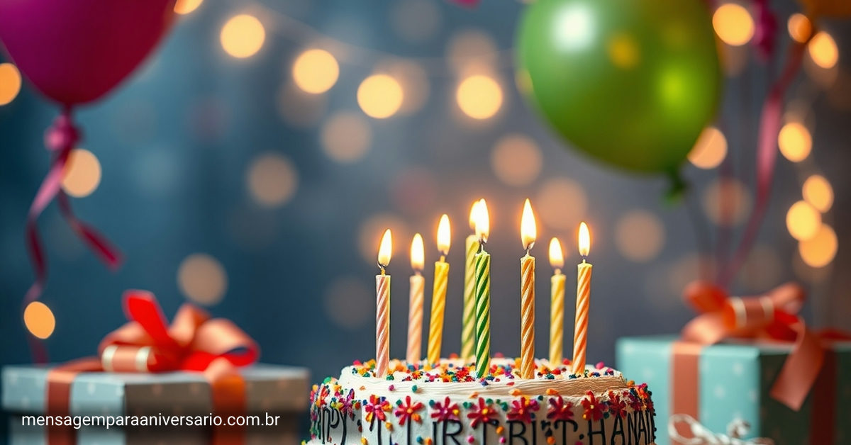 Cenário festivo de aniversário com bolo, velas, balões, confete e presentes.