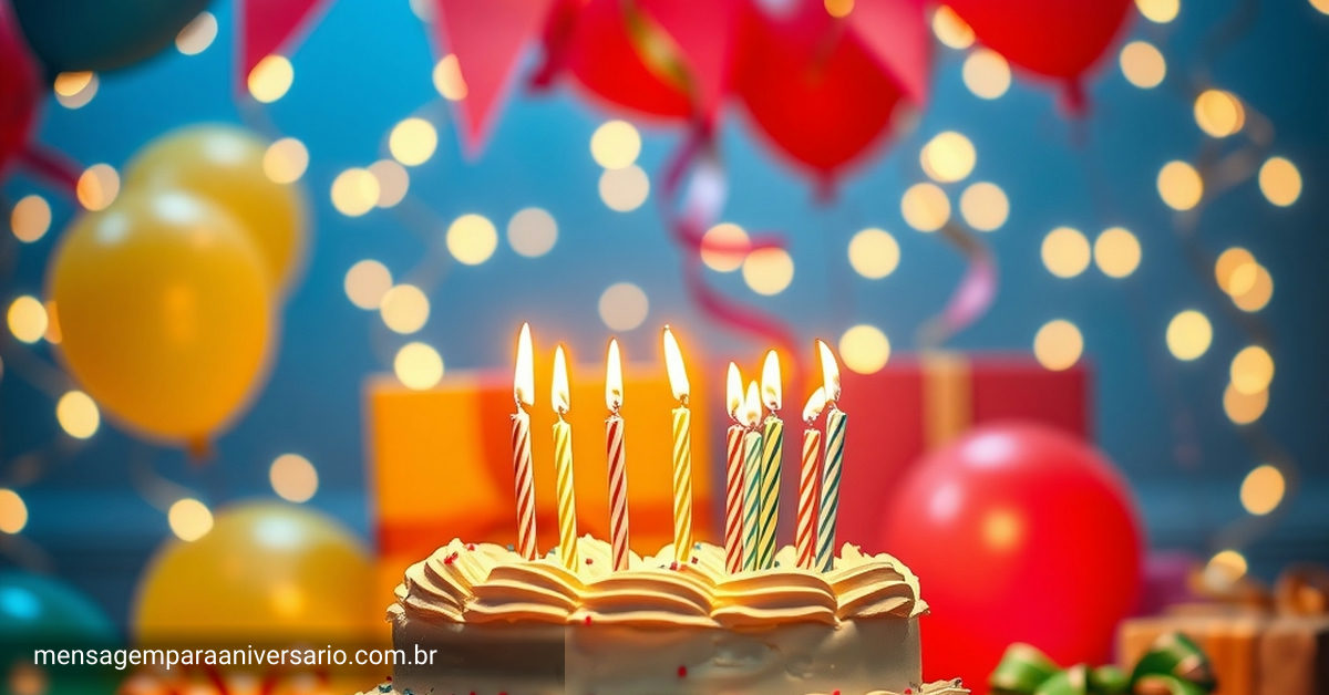Uma cena vibrante de celebração de aniversário com bolo, balões coloridos, serpentinas e luzes brilhantes.