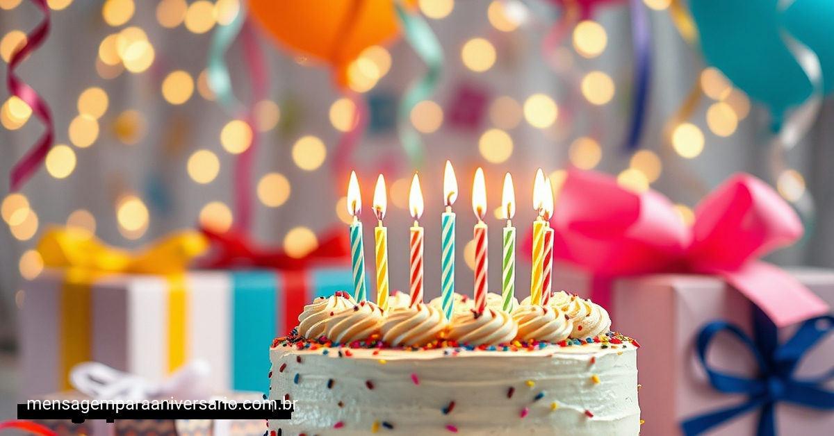 Uma configuração vibrante de aniversário com um bolo delicioso, serpentinas coloridas, balões e luzes brilhantes ao fundo.