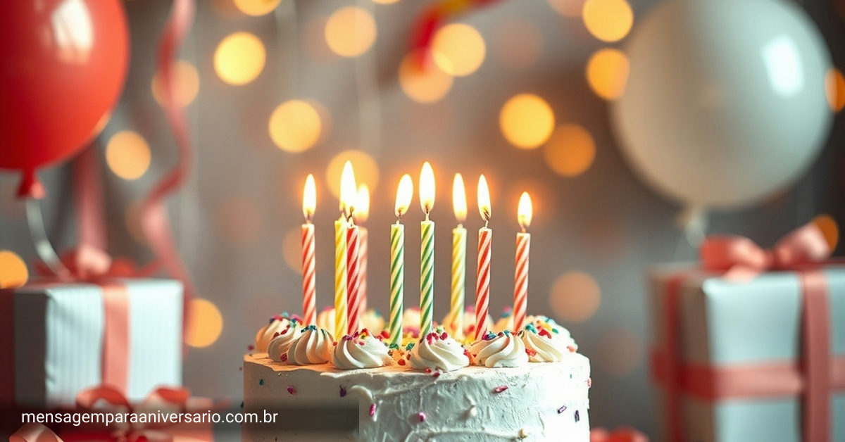 Uma cena festiva de aniversário com bolo, velas, balões, confetes e luzes bokeh.